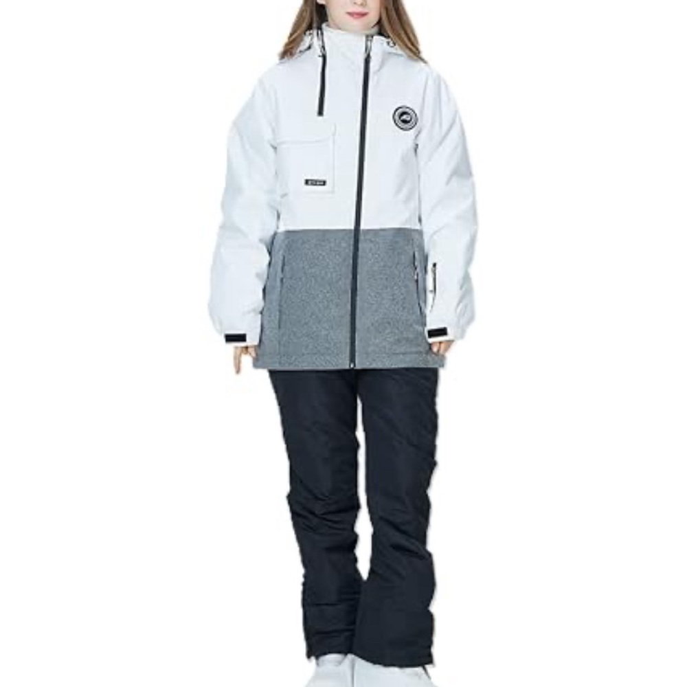 Women's ski Jacket - White and Gray with black ski pants